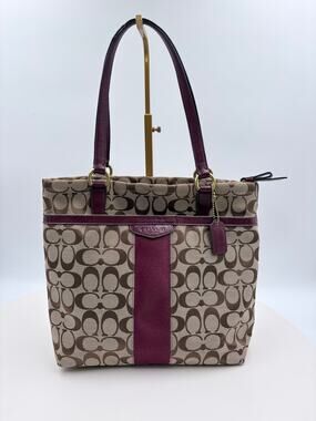 Coach Brown Monogram Handbag with Burgandy accents